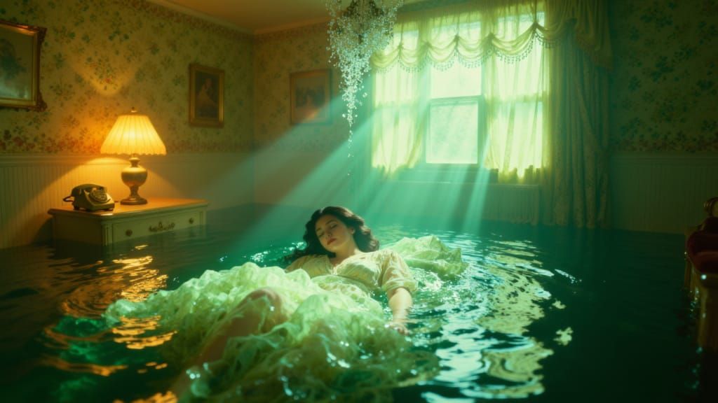 Woman Floats Peacefully in Sunlit Underwater Motel Room