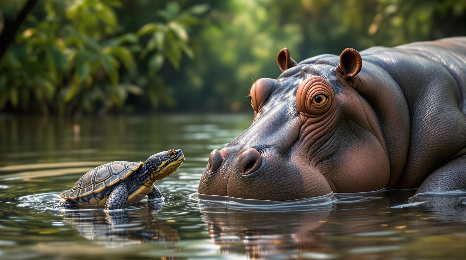 a tiny turtle befriends a giant hippopotamus