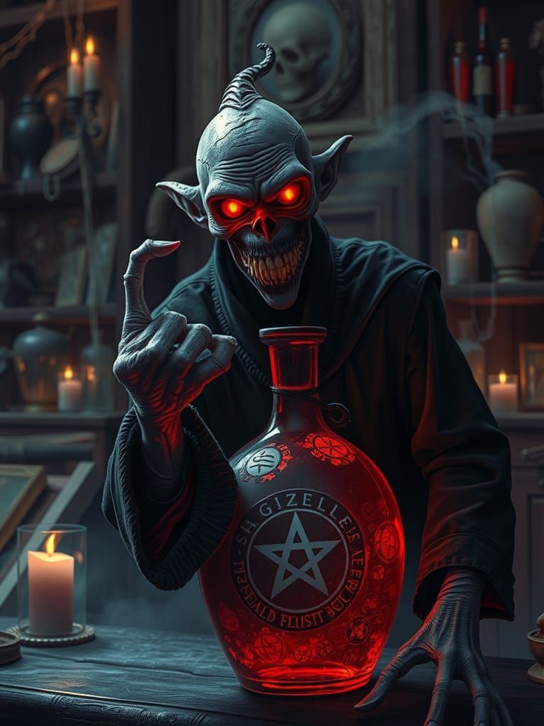 Evil Genie Emerges from Crimson Bottle