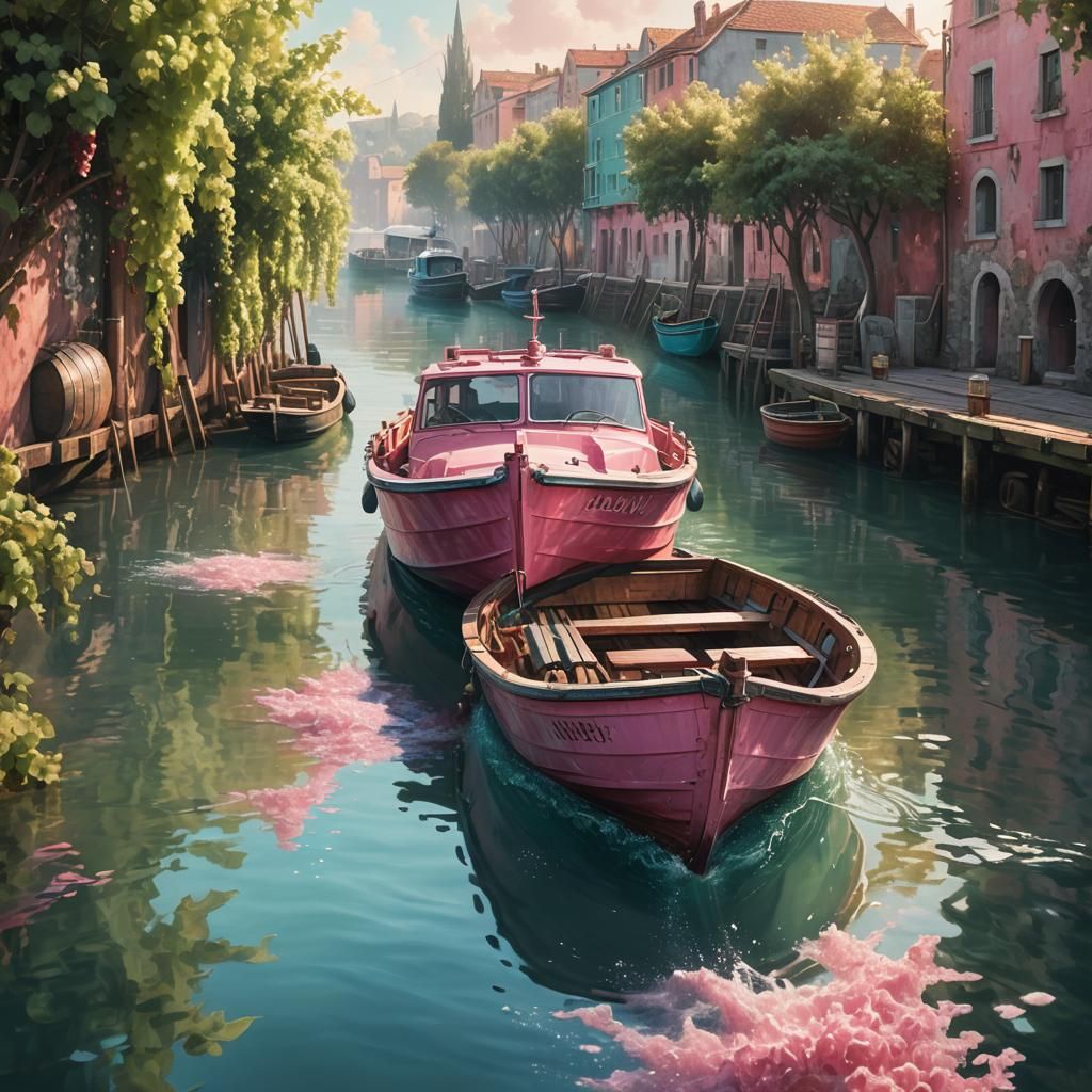 Pink Wine Boat in Harbor: Hyperrealistic Splash Art
