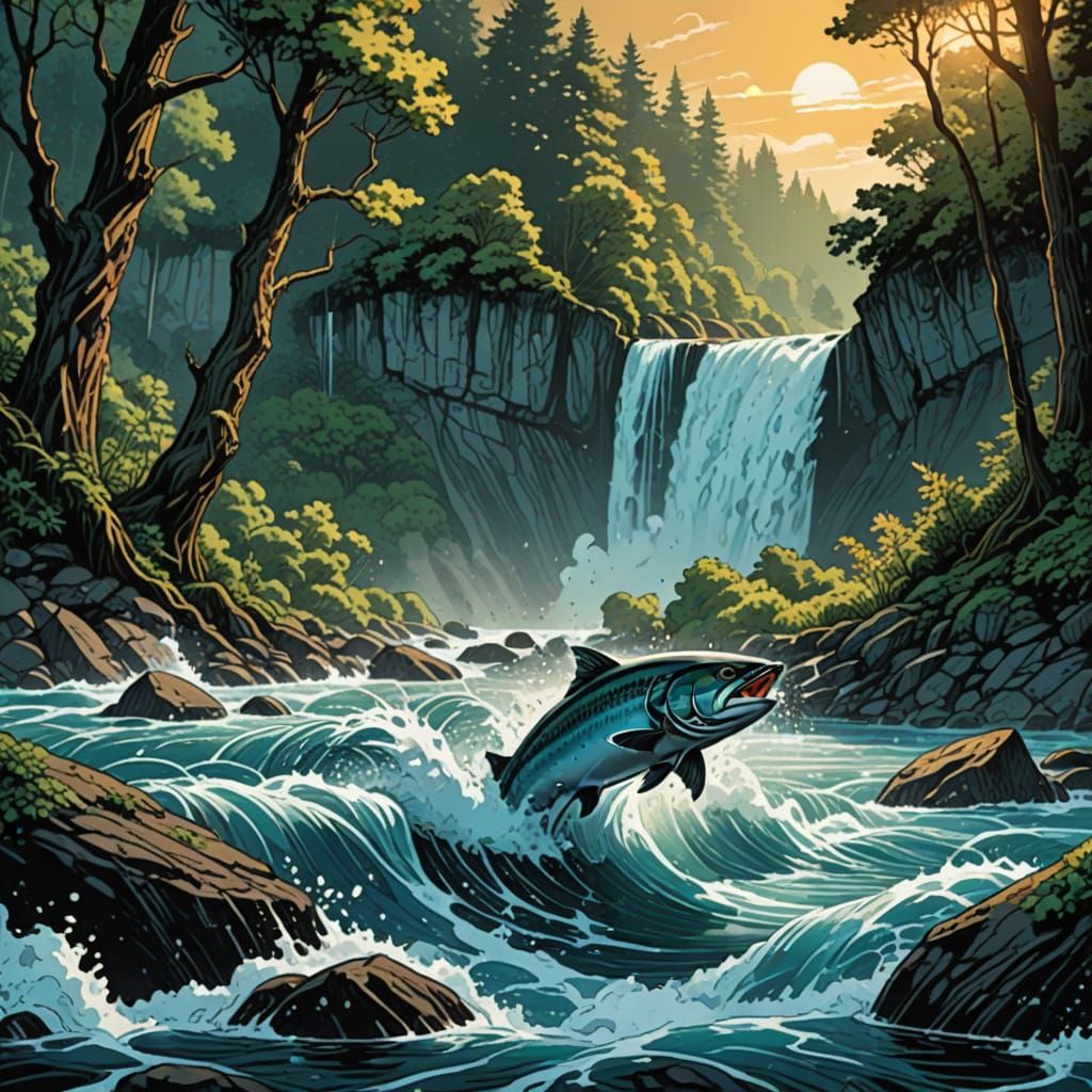 Vibrant Splash Art of Salmon Leaping in Waterfall