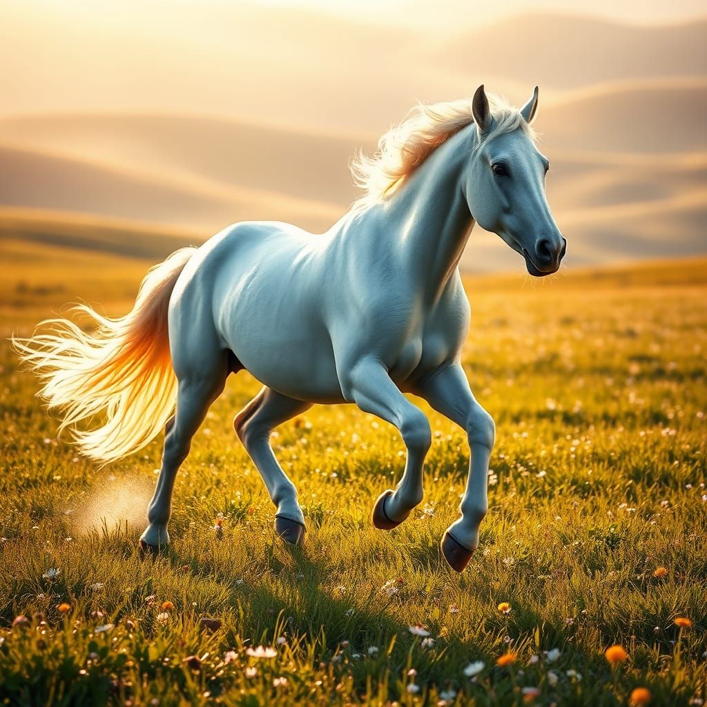 Majestic White Horse Runs Through Meadow