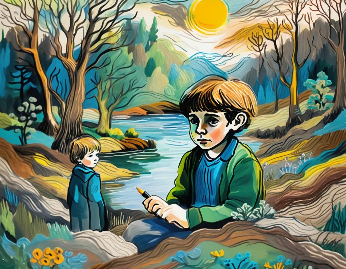 Childlike Sketch of Fantastical Landscape in Surreal Style