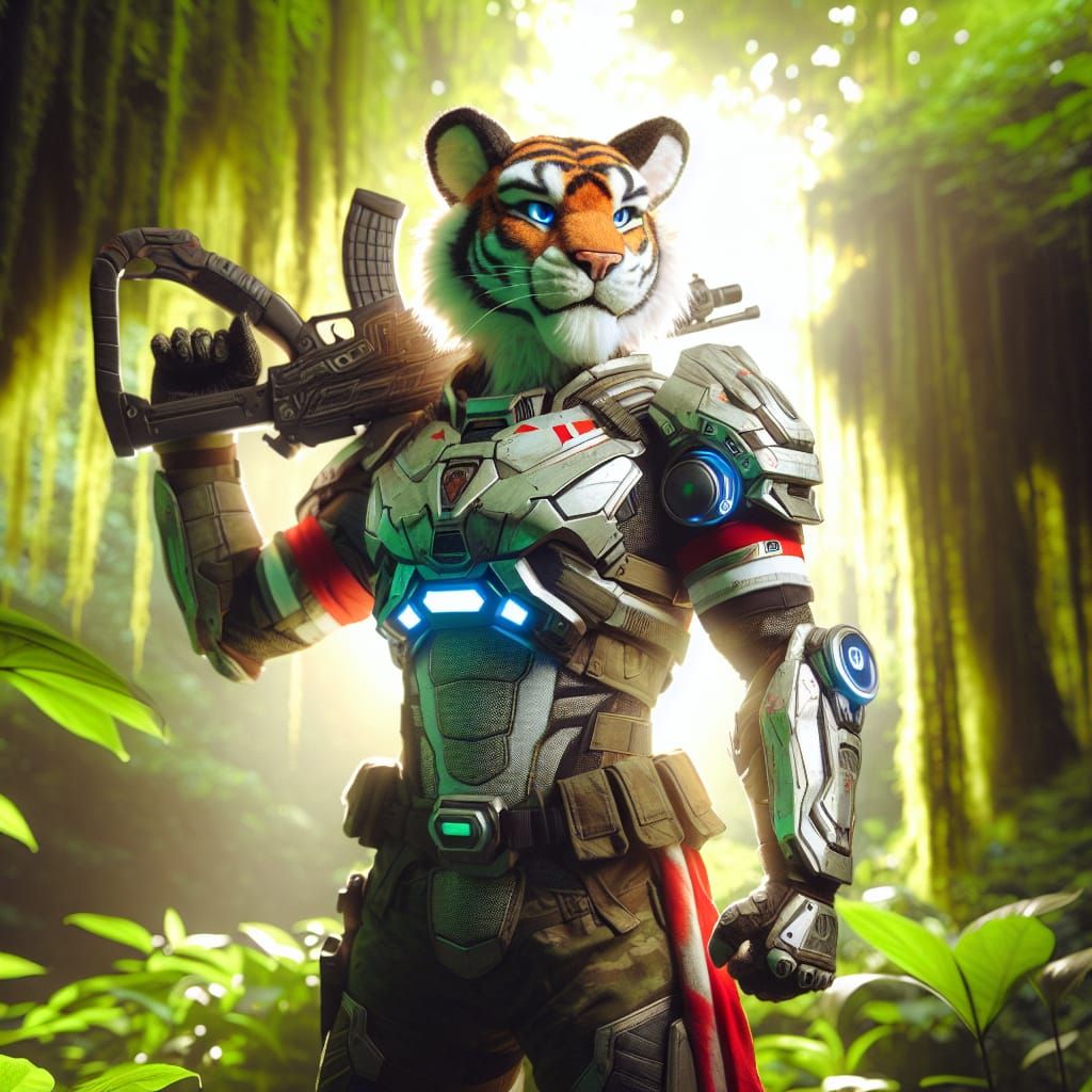 Futuristic Tiger Warrior in Jungle Clearing