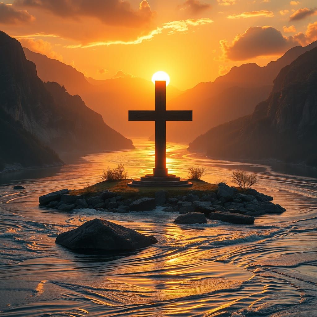 Majestic Cross at River's Edge: Digital Matte Painting