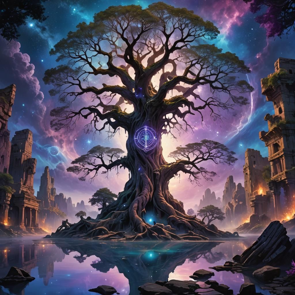 Ancient Tree Glows in Forgotten City: Fantasy Art