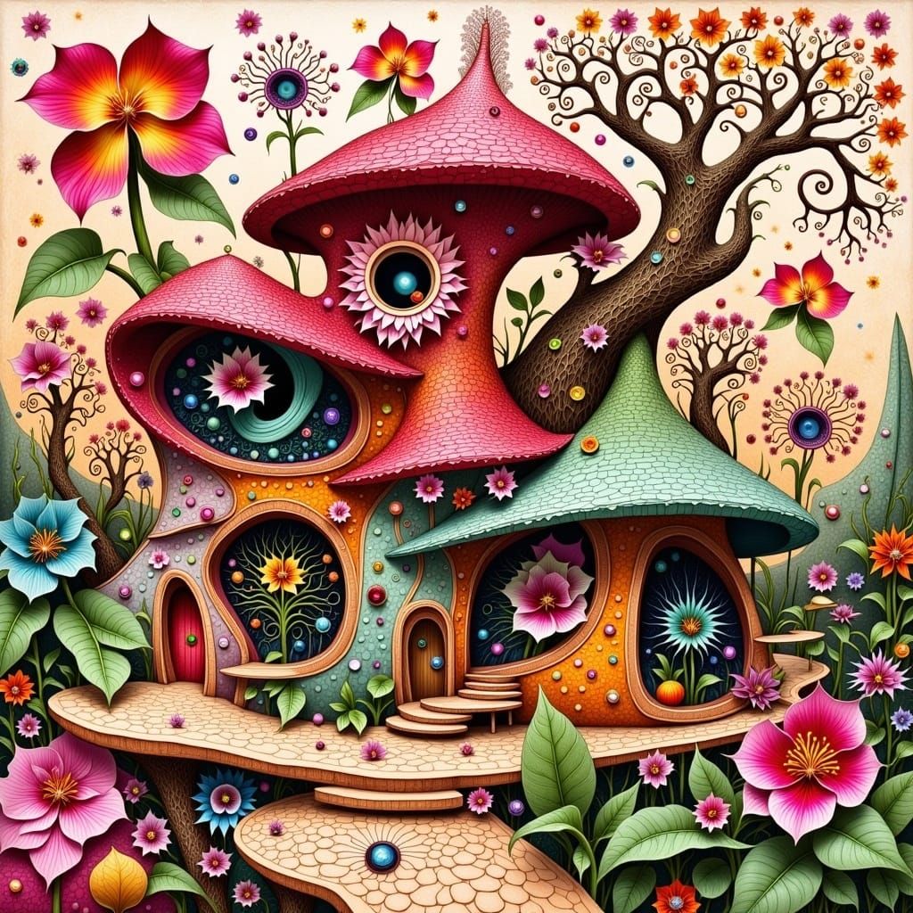 Whimsical Flower Child in Eco House, Art Nouveau Style