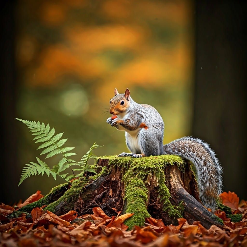 Squirrel in Autumn Yard with Matte Painting Style
