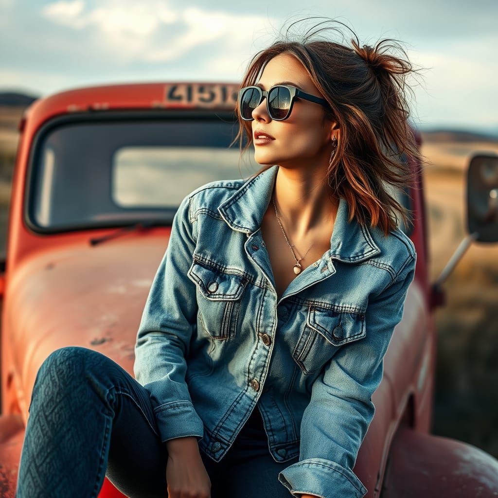 Woman on Vintage Red Truck in Impasto Style