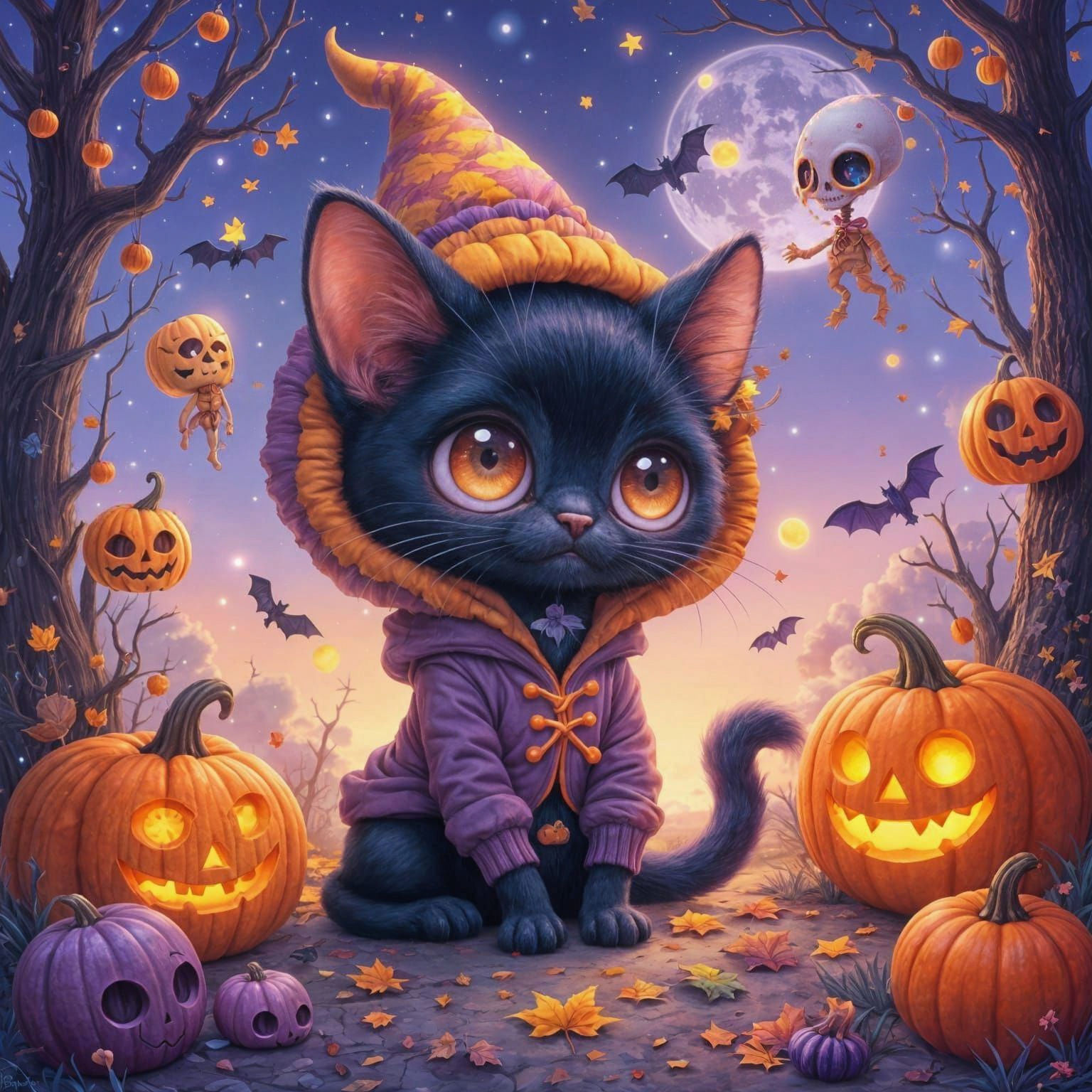 Kawaii Halloween Kitten in Galaxy Sky, Maximalist Style