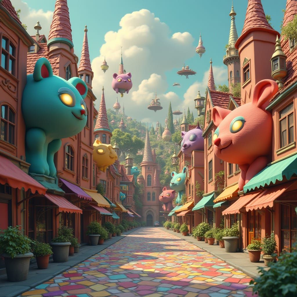 Whimsical Claymation Animal Cityscape in Surreal Style