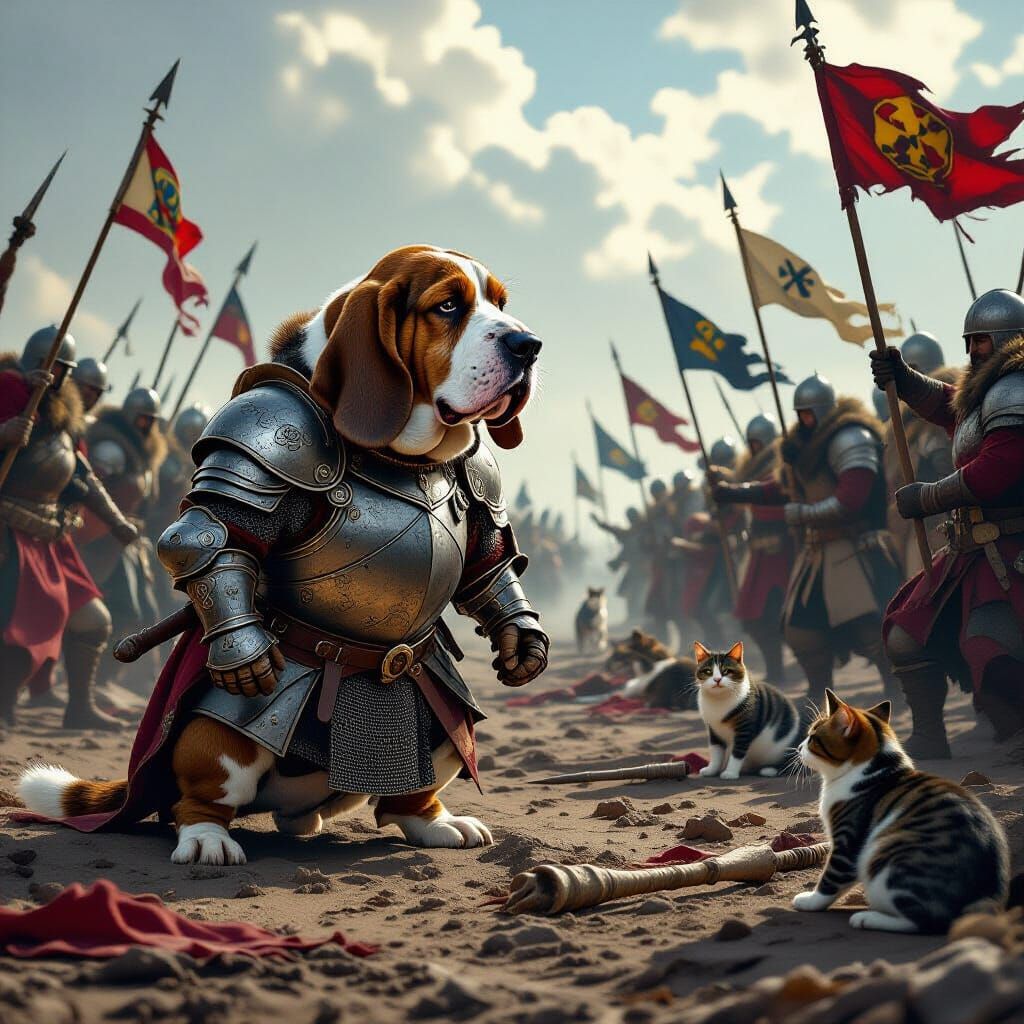 Basset Hound Warrior Battles Feline Foes in Gritty Digital P...