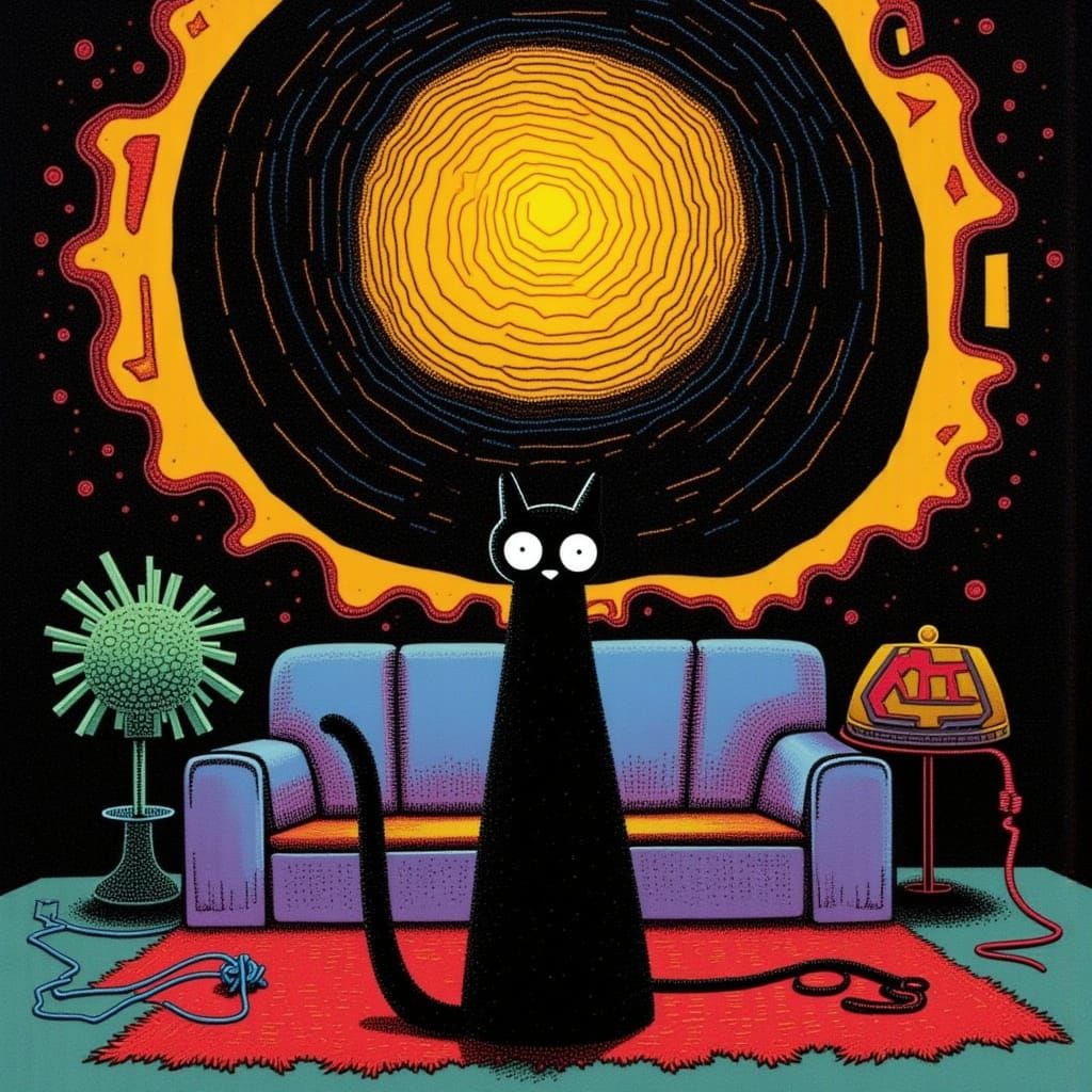 Black Cat's Eerie Yarn Game in Surrealist Style