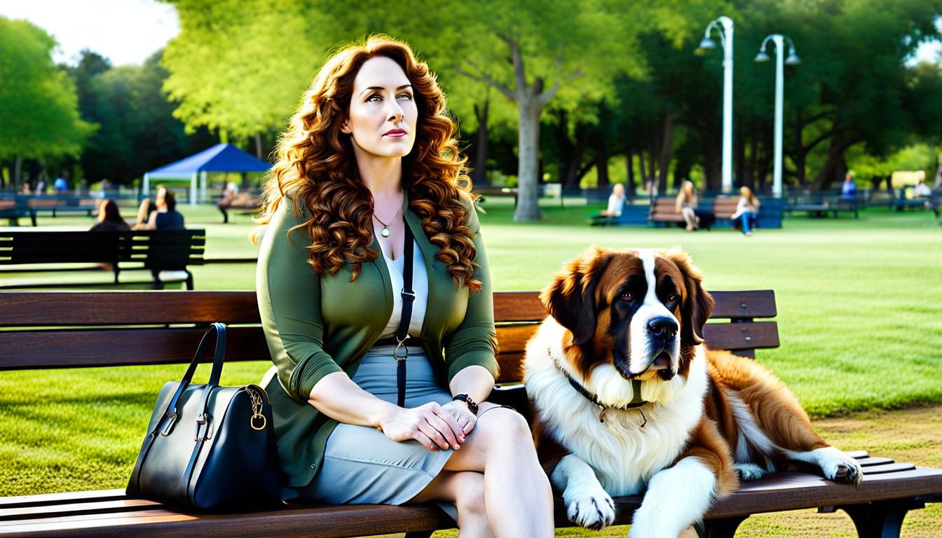 Woman with Saint Bernard at Dog Park