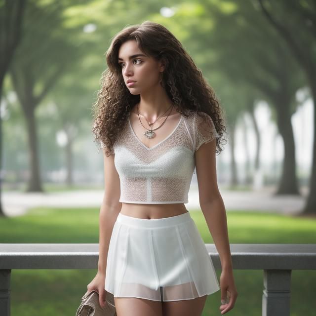 Brunette with curly brown hair and small necklace, Sheer lig...