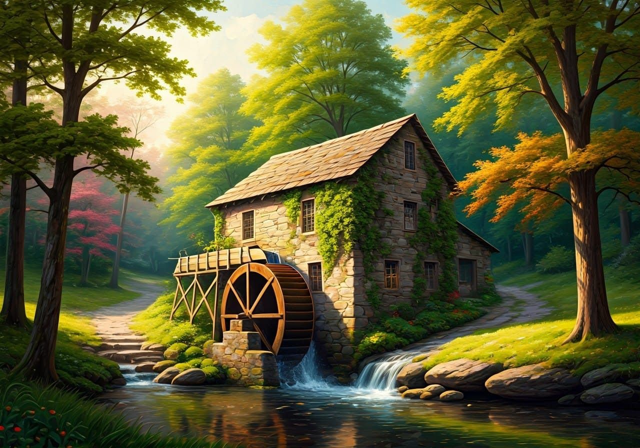 Classical Mill Scene in Golden Light
