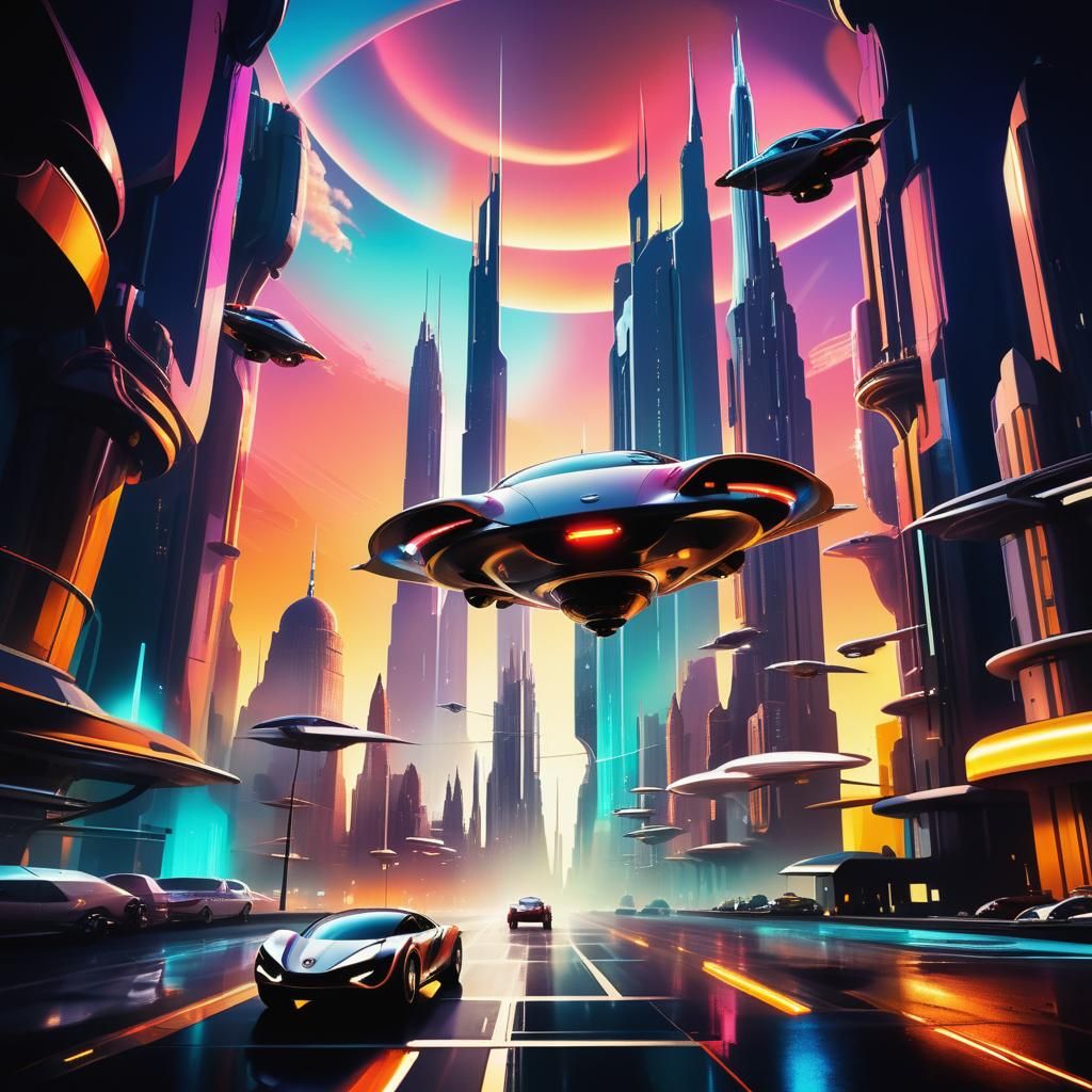 Futuristic Cityscape with Flying Cars in Surreal Style