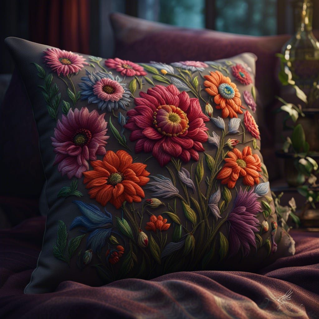 Flowers Embroidered on Throw Pillows in Matte Painting Style