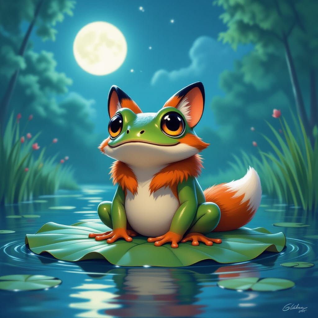 Cartoon Frog in Fox Fur on Lily Pad