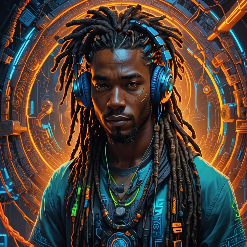 Fantasy Art: Man with Glowing Dreads and Headphones