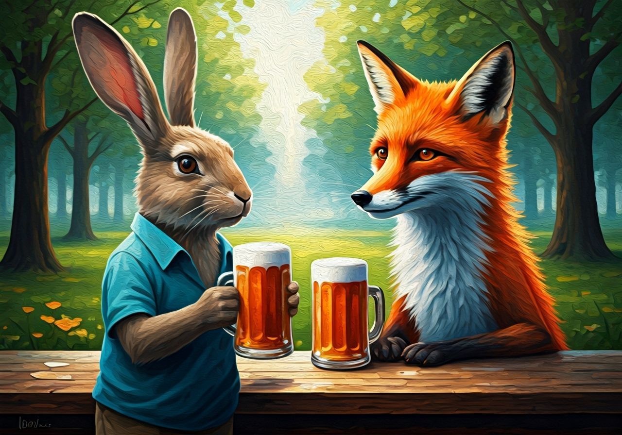 Rabbit and Fox Enjoy Beer in Park, Neo-Impressionist Style