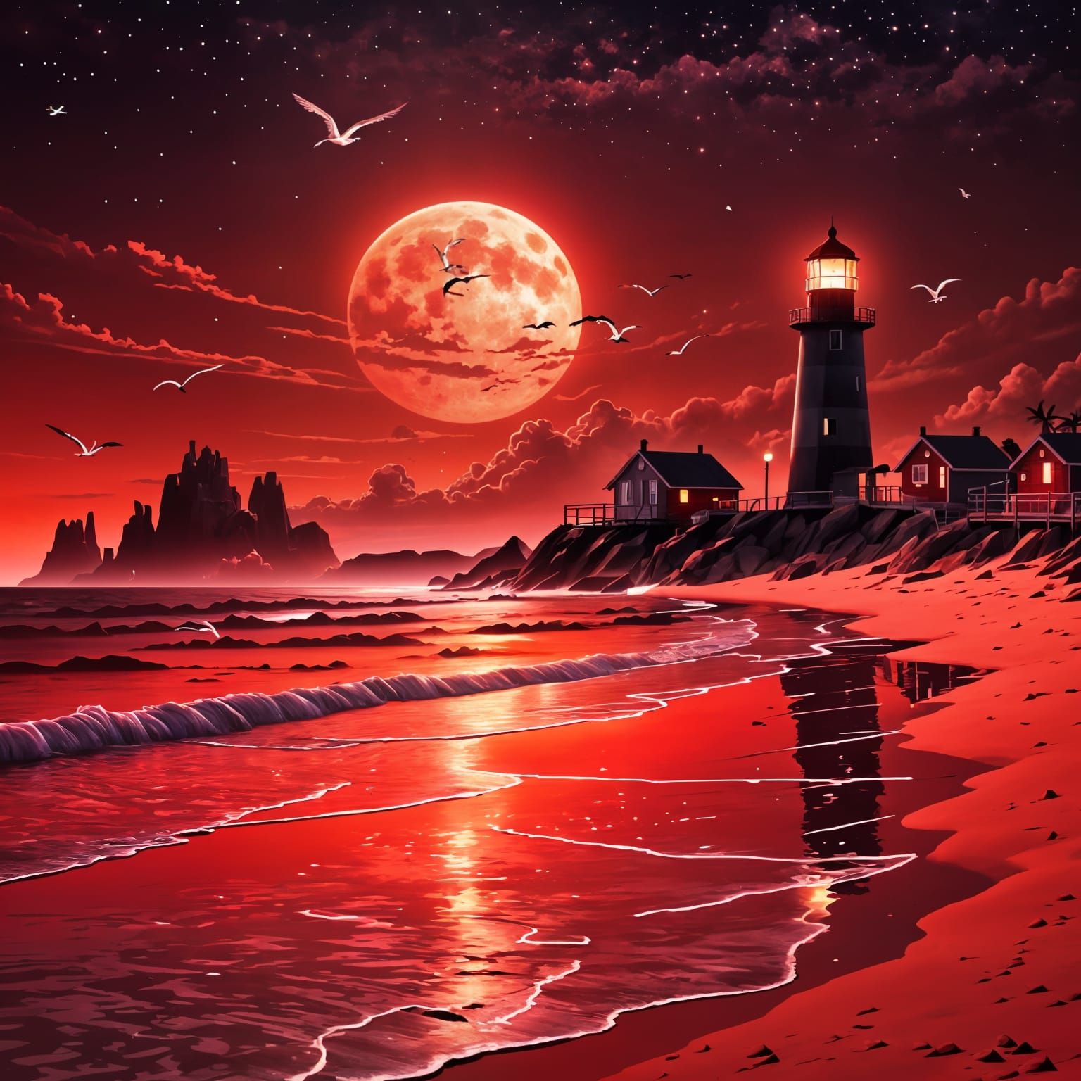 Neon Red Sunset Over Ocean with Lighthouse