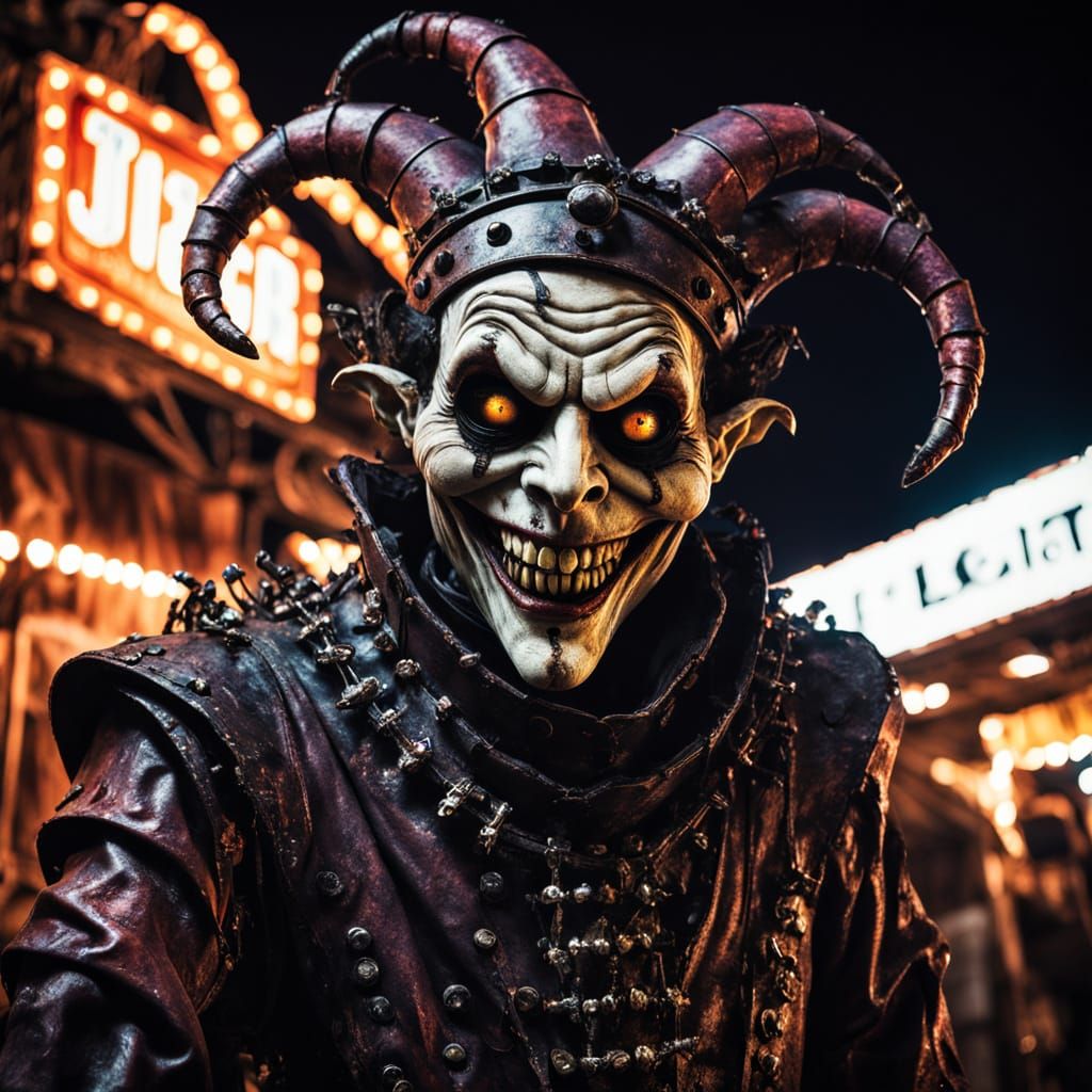 Distressed Animatronic Clown in Dark, Gritty Carnival Settin...