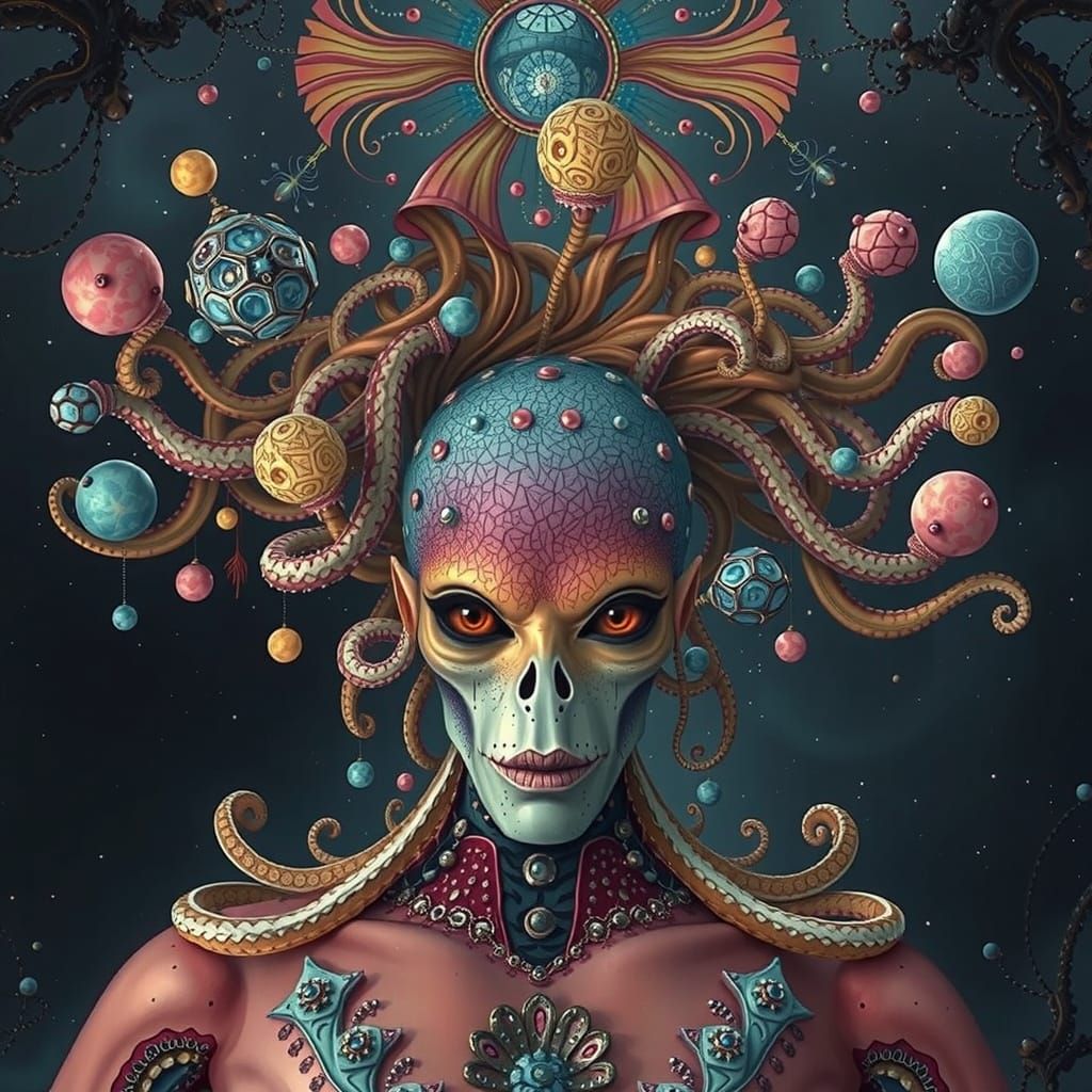 AI Vision: Intricate Squid Face in Cosmic Cloudberry Sky