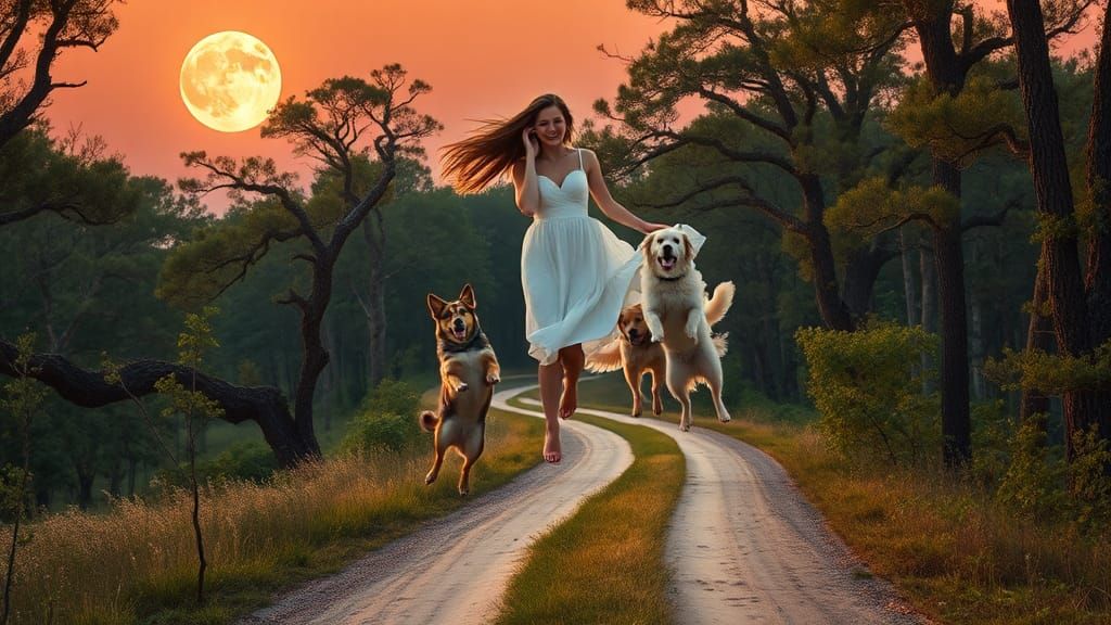 Woman Lifted by Dogs in Dreamlike Forest