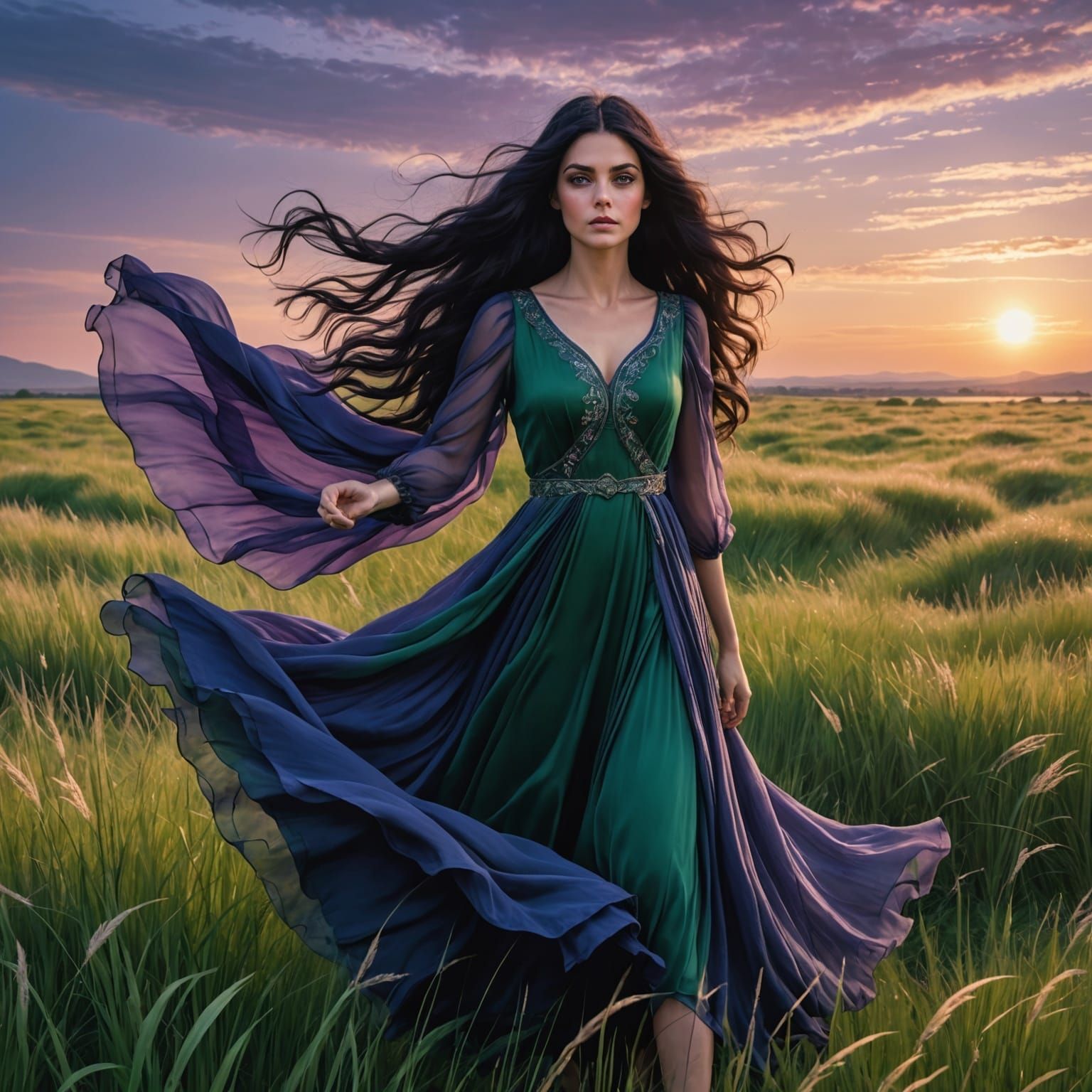 Girl in Field with Flowing Dress, Fantasy Art