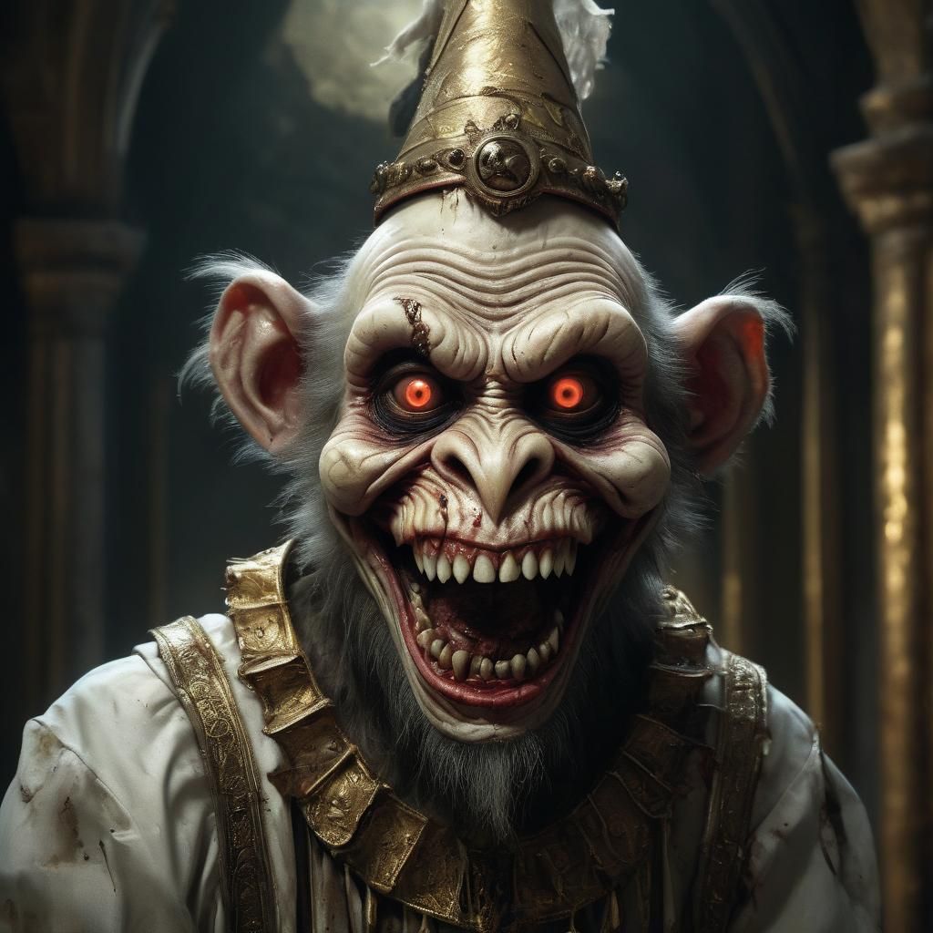 Zombie Monkey Clown in Mystical Temple: Digital Art