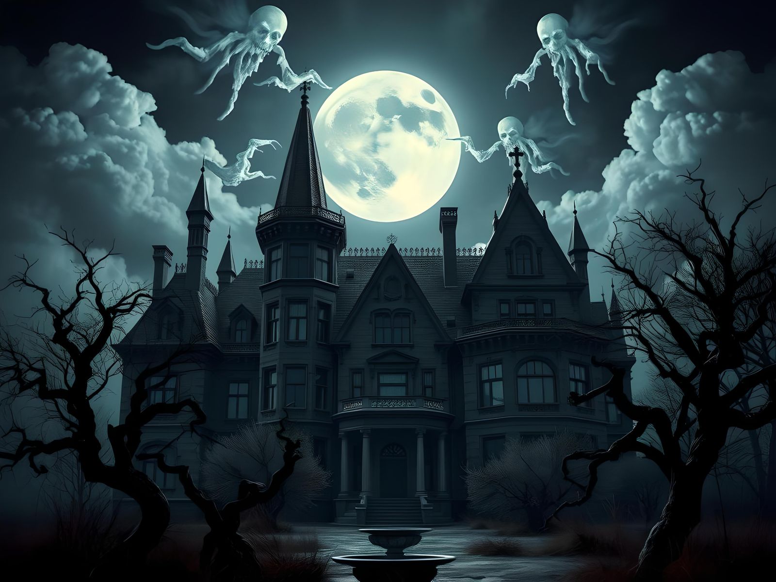 Eerie Haunted Mansion Under Full Moon