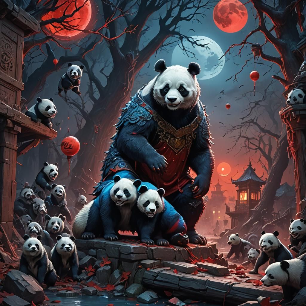 Wolf Panda Hybrid Under Red Moon in Horror Style