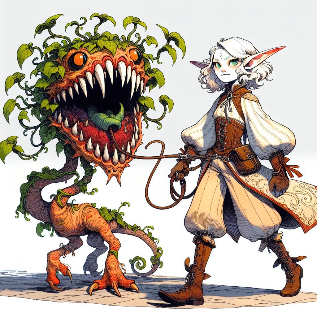 Whimsical Elf Beast Master in Ink and Watercolor