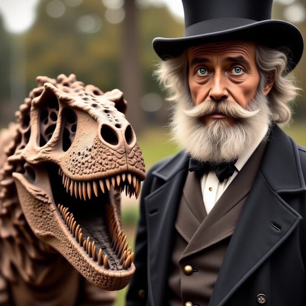 Man and Dinosaur Fossil in High-Contrast Portrait