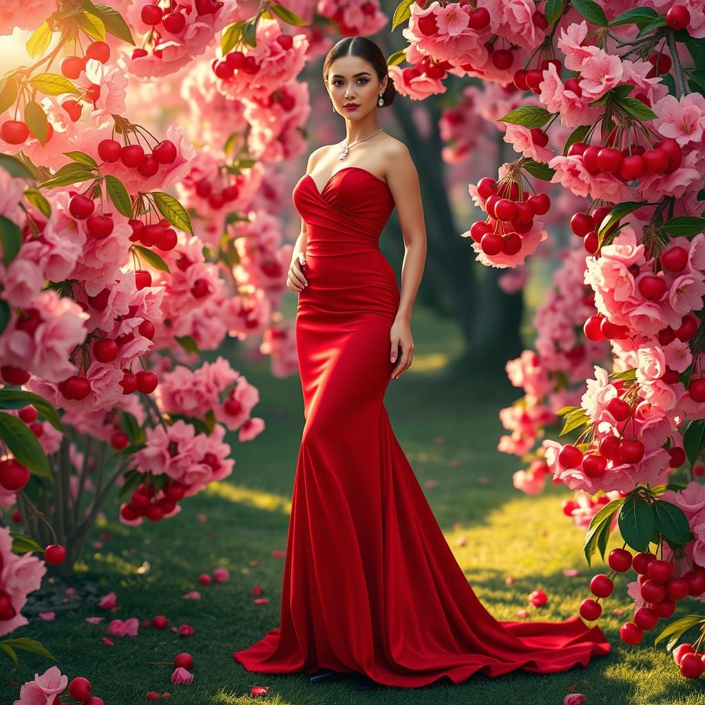 Elegant Cherry Blossom Queen in Red Evening Gown and Black B...