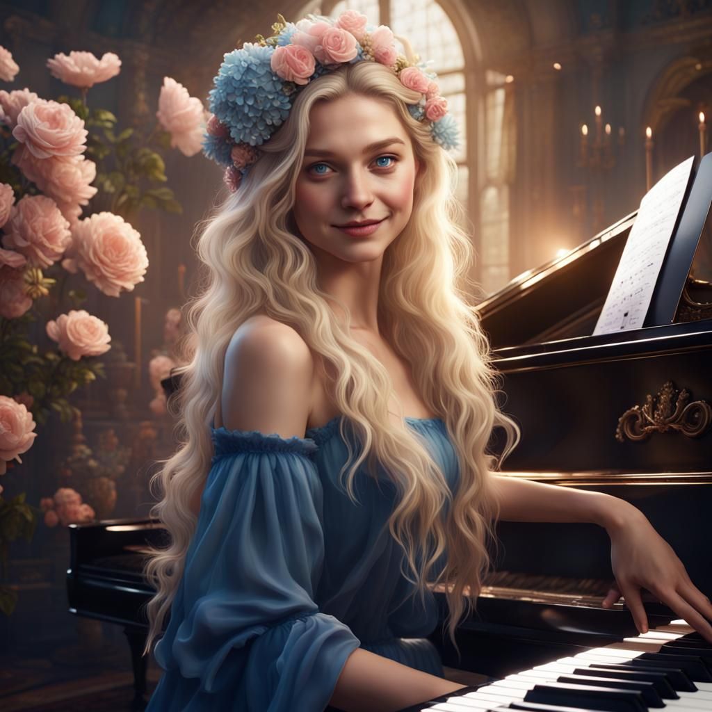 Blonde Girl Playing Piano in Fantasy Art Style