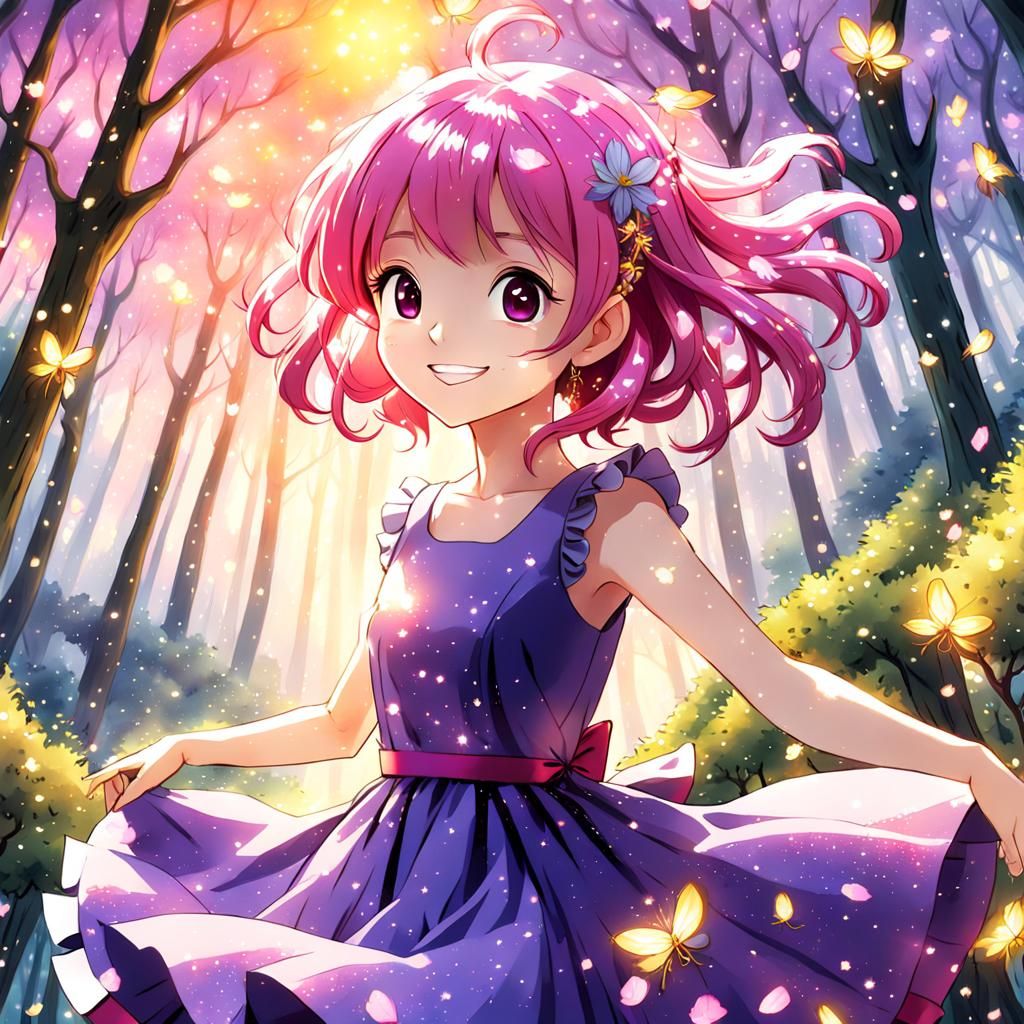 Anime Girl in Whimsical Forest, Impressionist Style