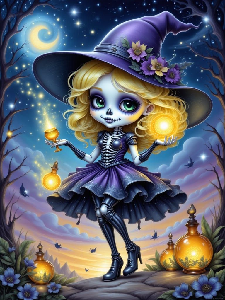 Whimsical Witch Casting Spells in Cartoon Style
