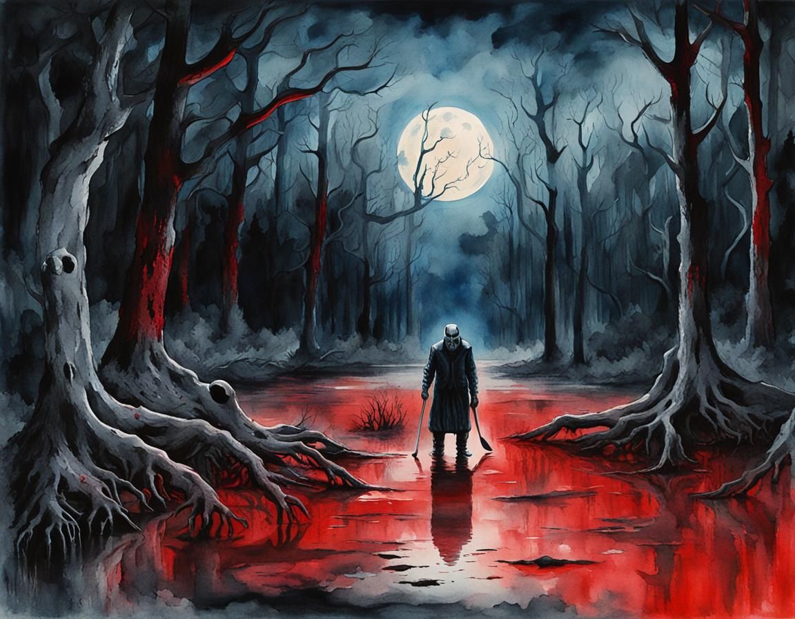 Eerie Figure Emerging from Swamp in Watercolor