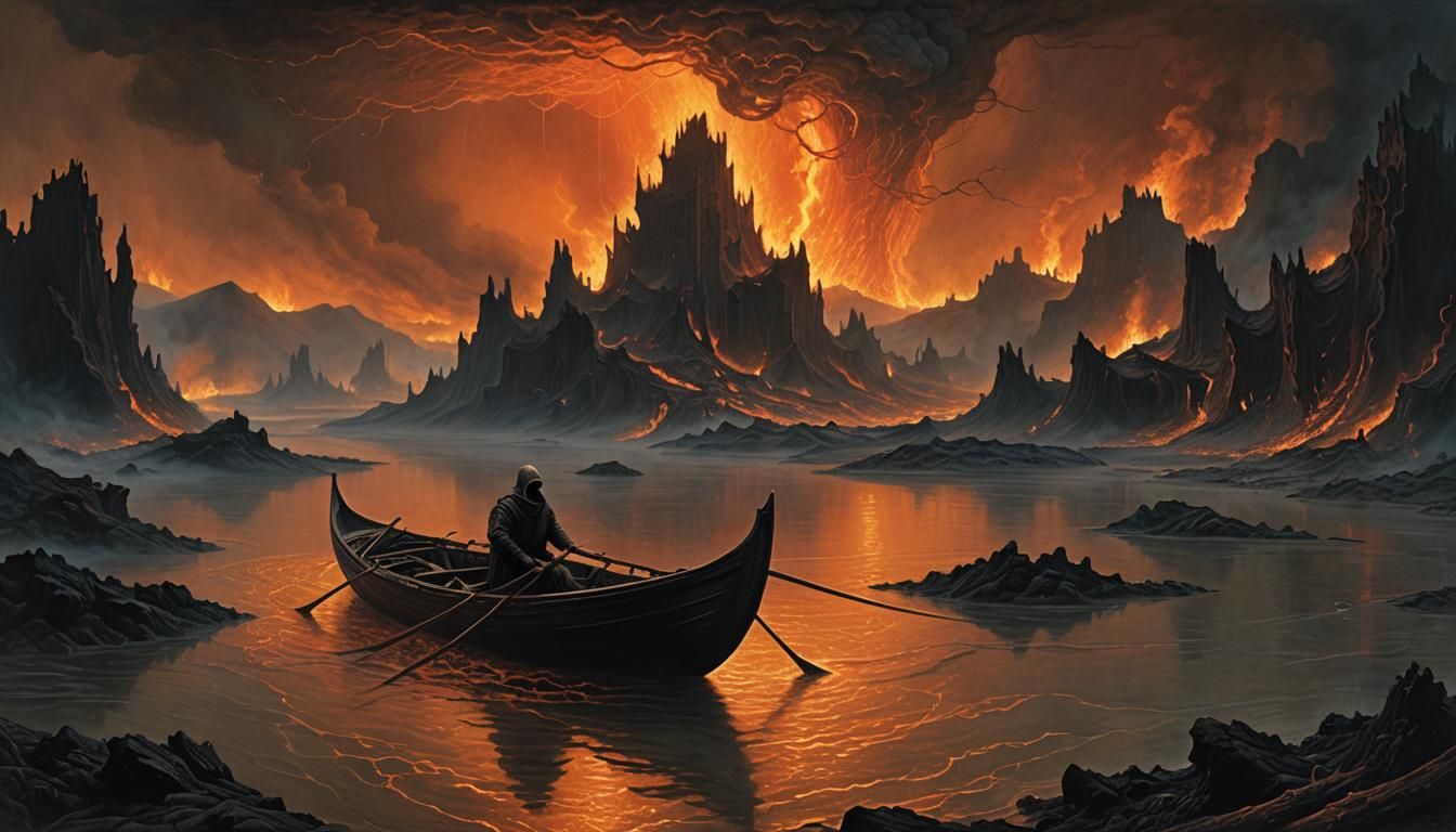 Fiery River Styx Landscape in Dark Surreal Style