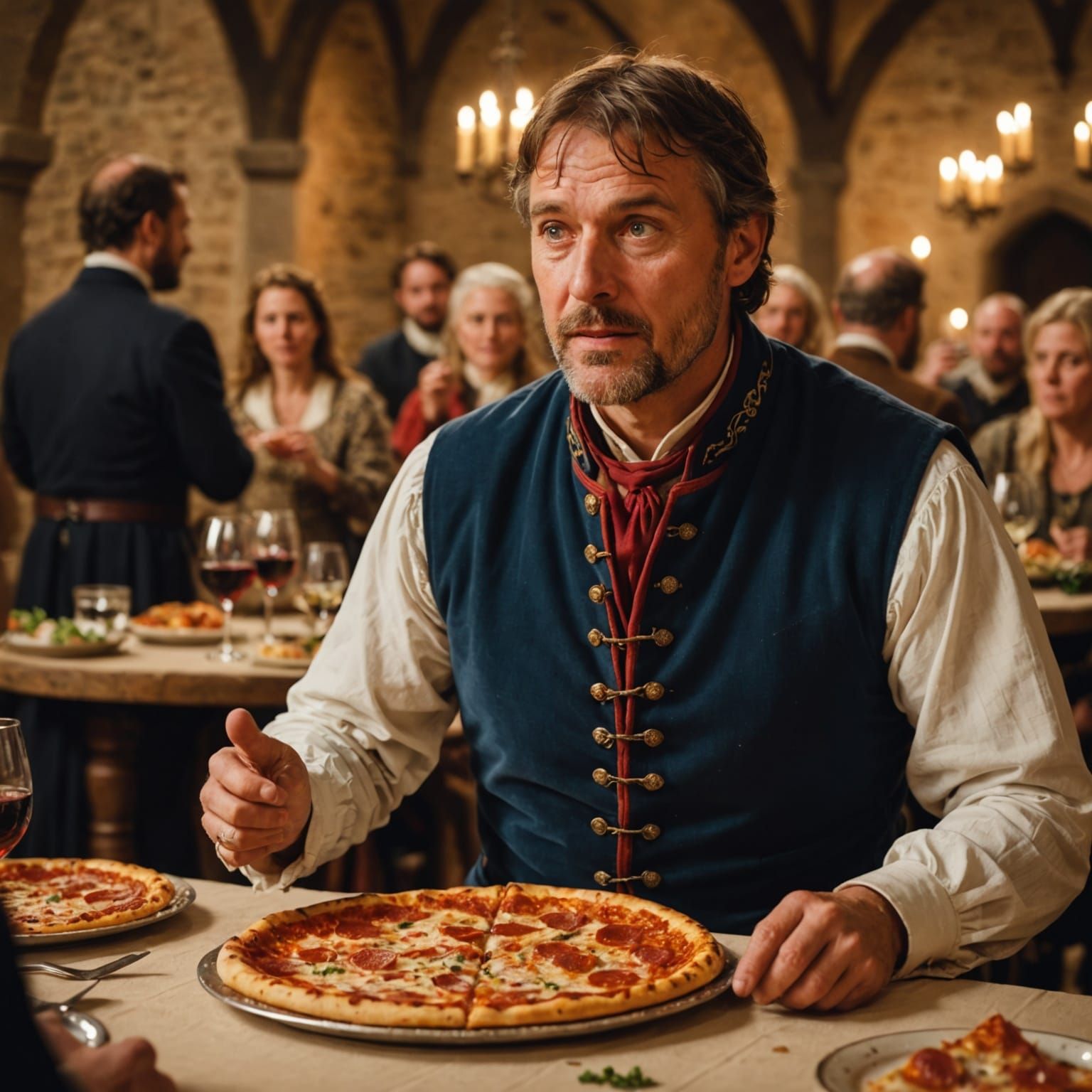 Surprised Medieval Man Receives Pizza at Banquet