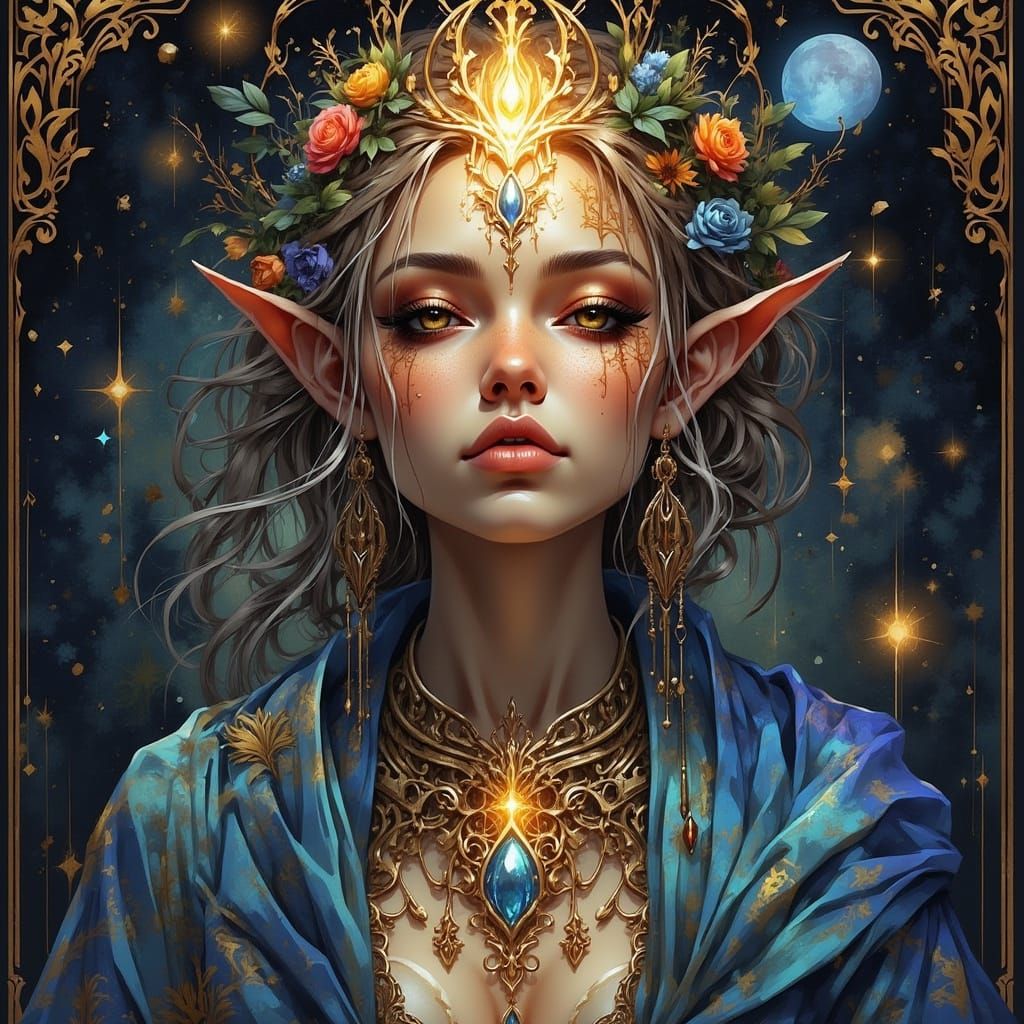 Ethereal Being with Nebulae Hair in Art Nouveau Style