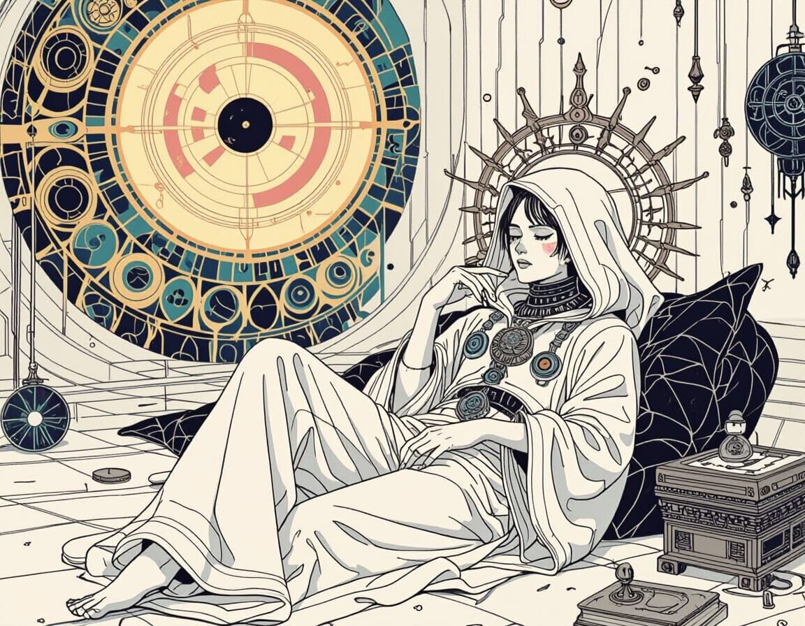 Mystical Lounger in Dreamlike Biomechanical Landscape