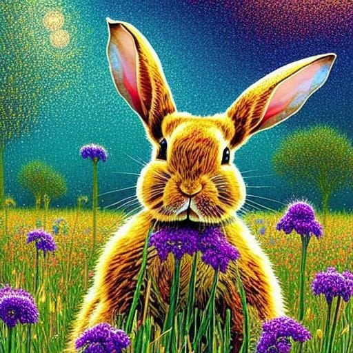 Rabbit in Wildflower Meadow: Colorful Poster Art