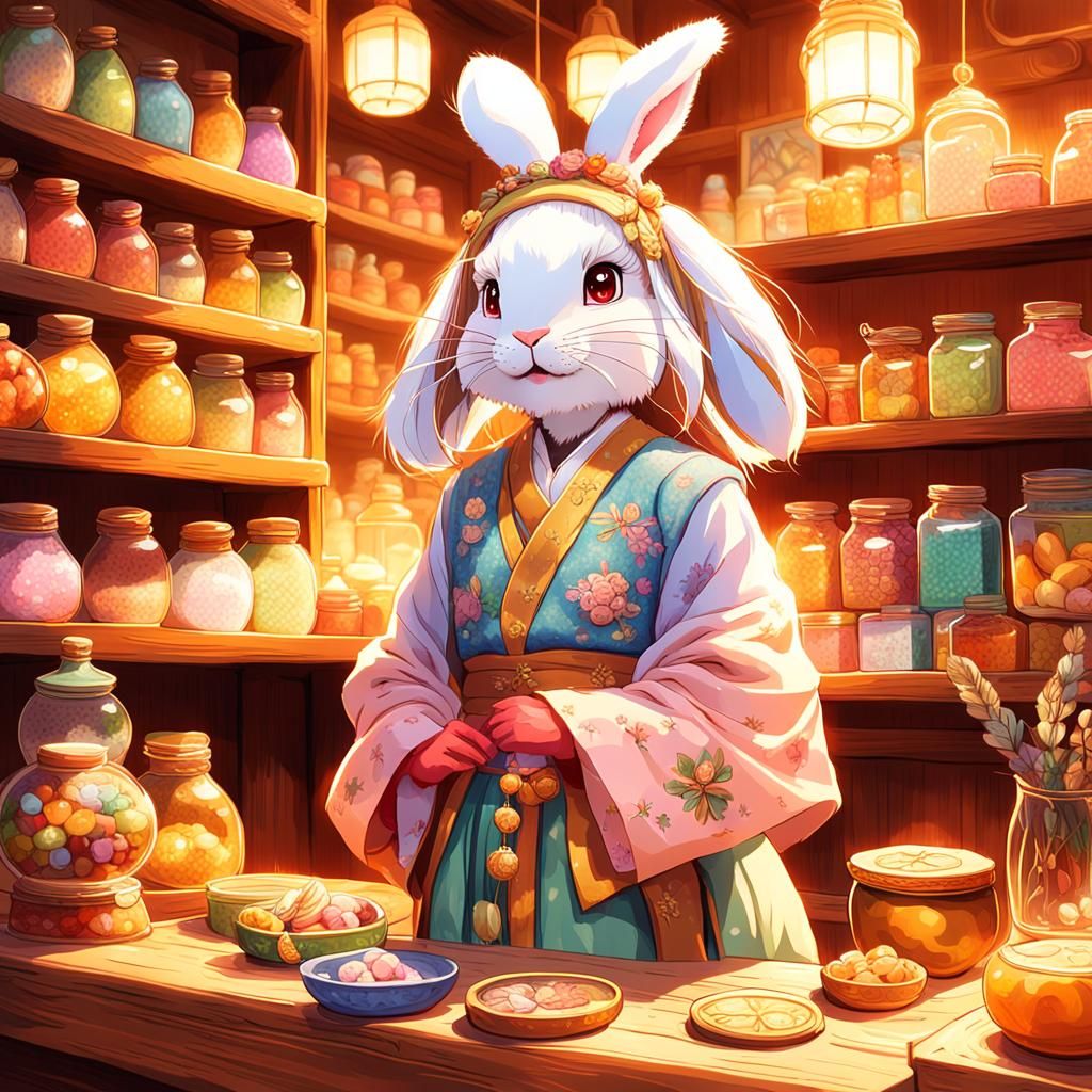Anime Bunny Merchant with Exotic Treasures