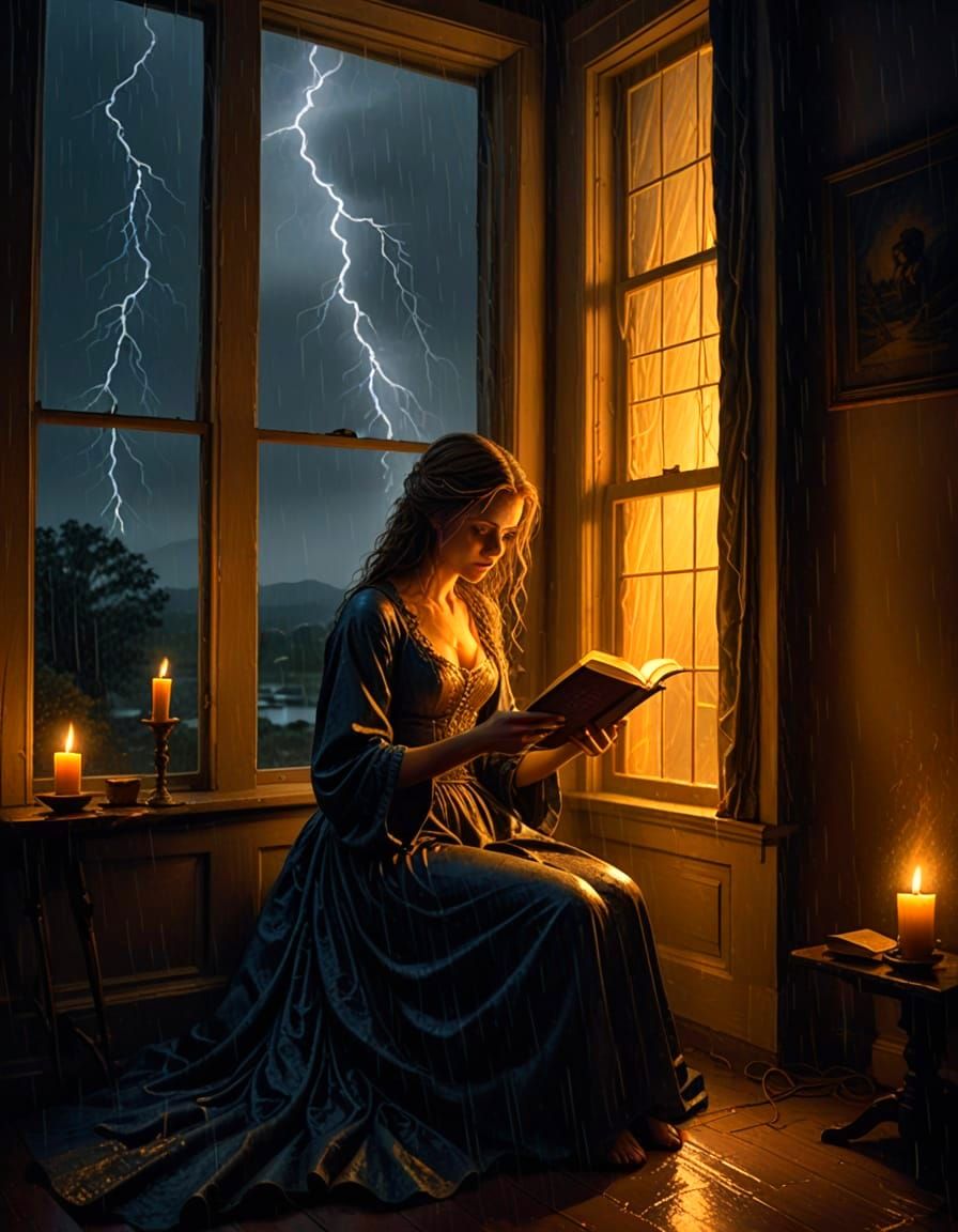 Reading by Candlelight During a Stormy Night