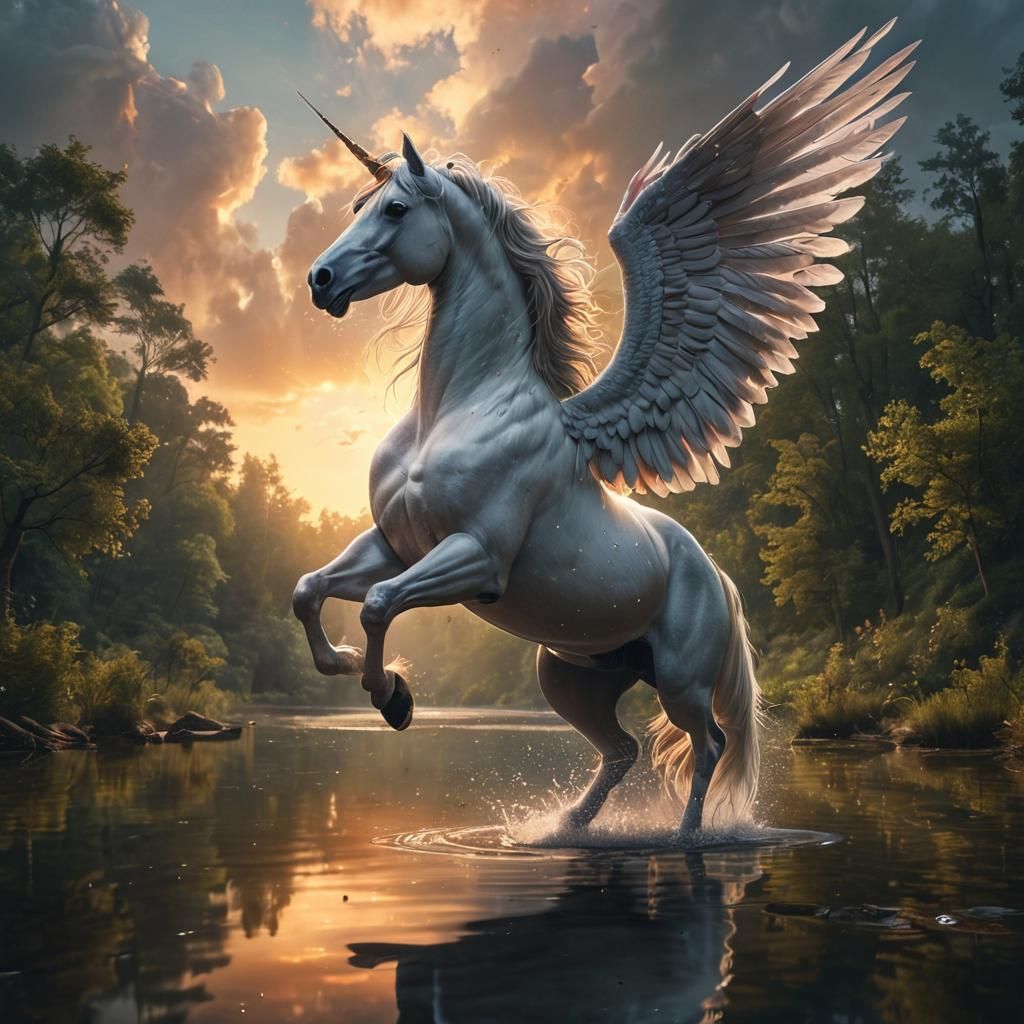 Winged Unicorn Over Reflecting River, Dark Fantasy Art