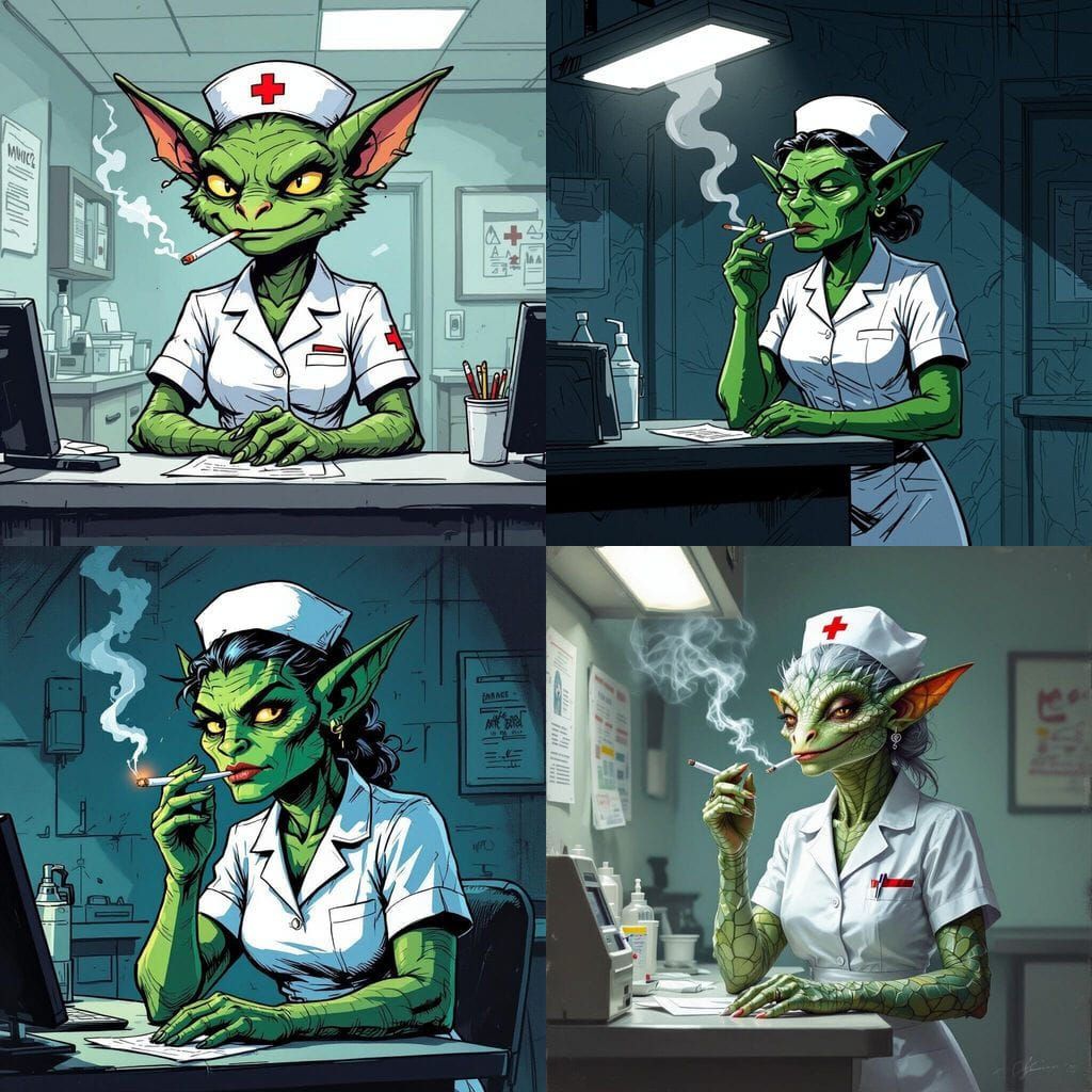 Grumpy Crystal Kobold Nurse Smoking at Station