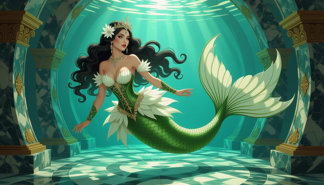 Steampunk Mermaid Queen with Kiwi Tail in Underwater Chamber